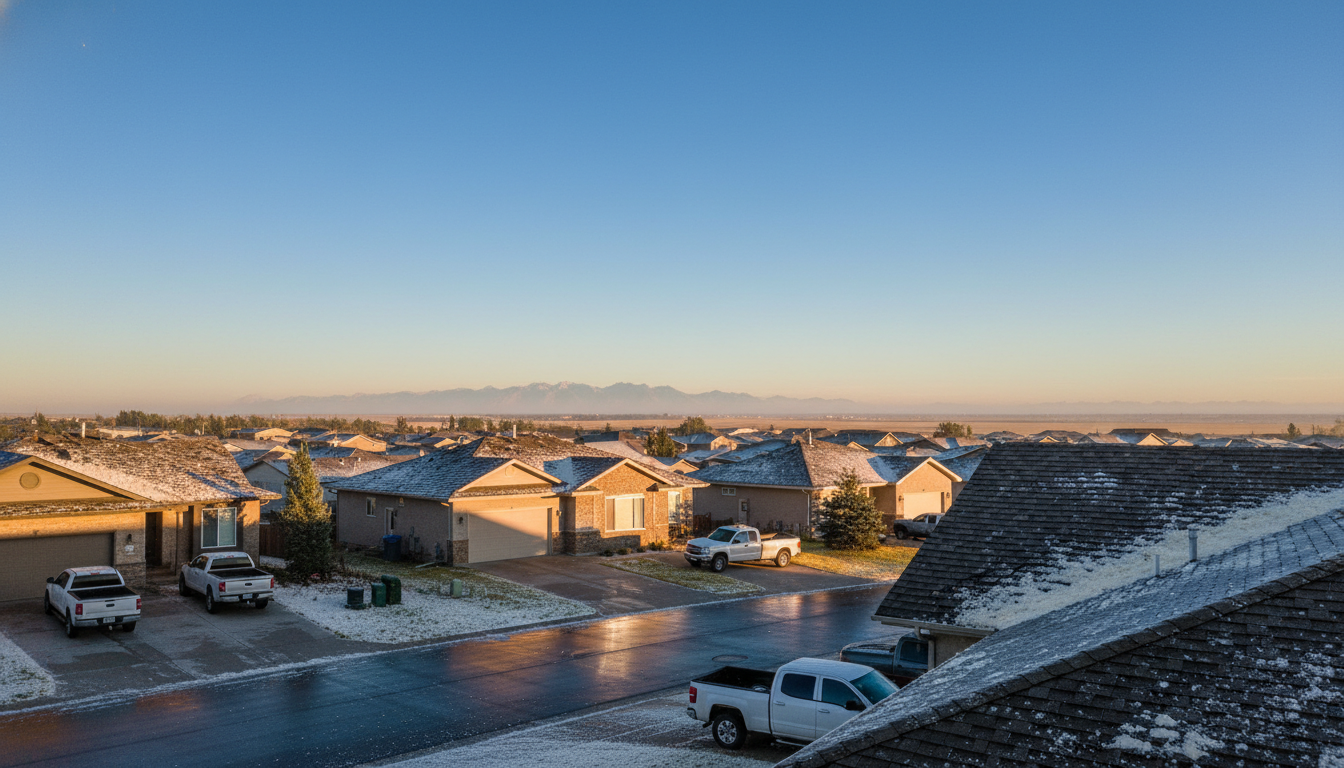 Airdrie residential rooftops the morning after a hailstorm